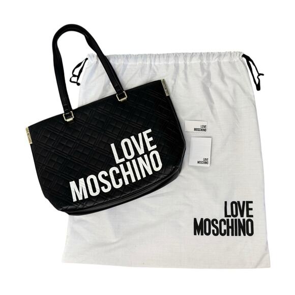 LOVE MOSCHINO Faux Leather Black Quilted Shoulder Purse Tote Bag Double Strap - Picture 2 of 12
